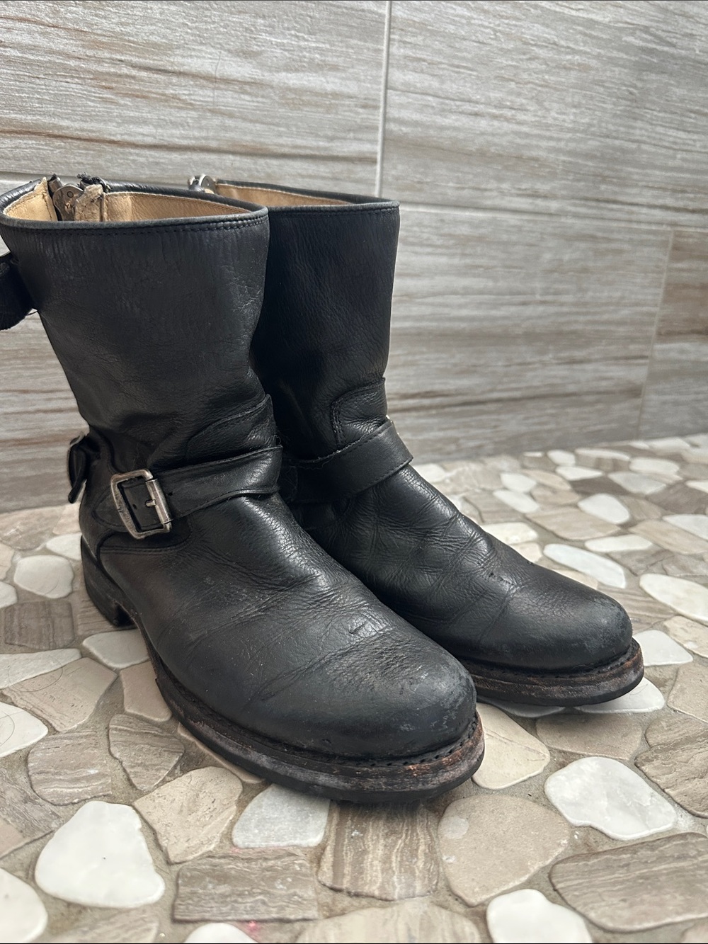 Frye Black Leather Engineer Boots with Buckle